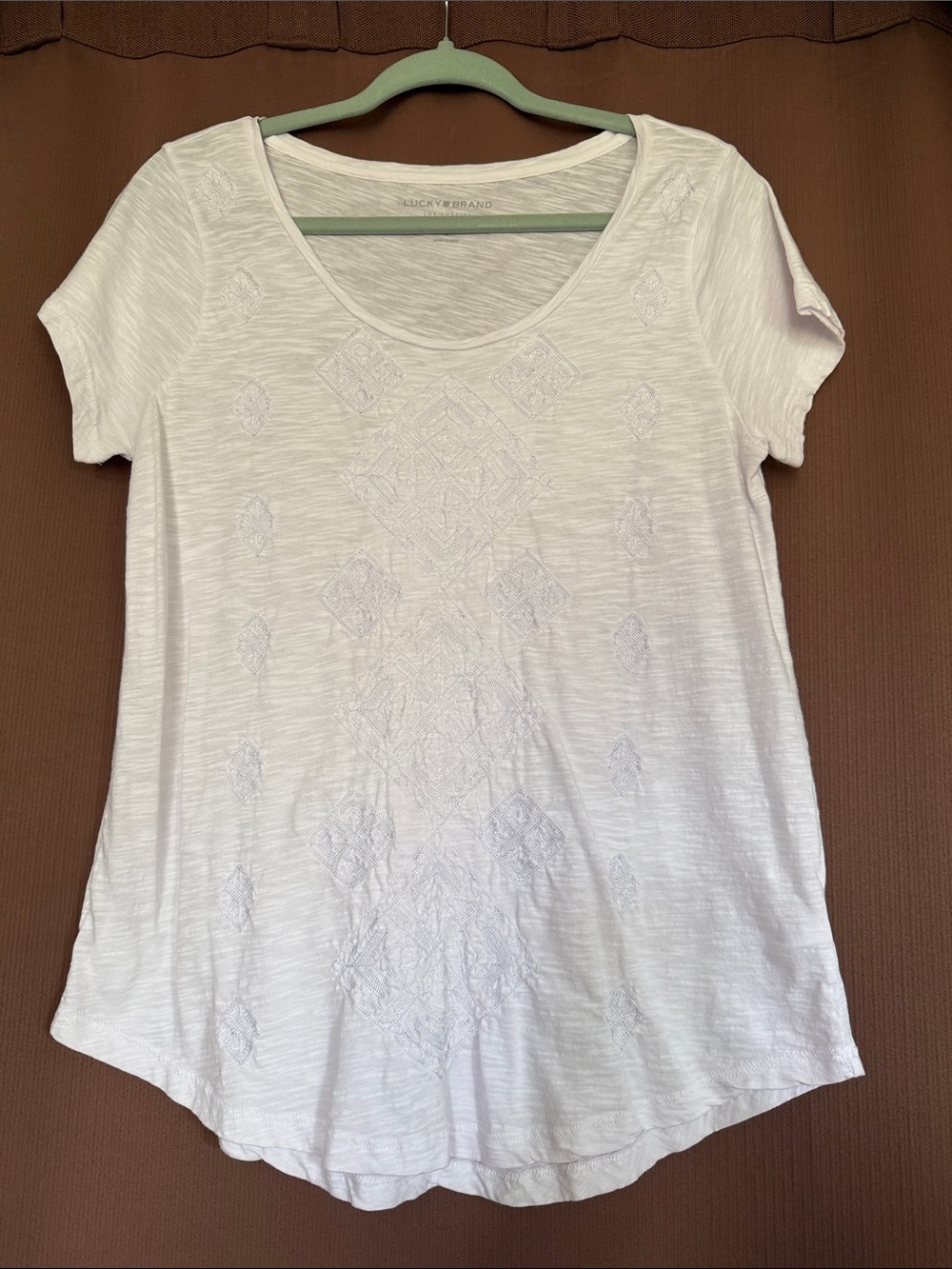 Lucky Brand White Short Sleeve Scoop Neck Tee with Embroidered Front
